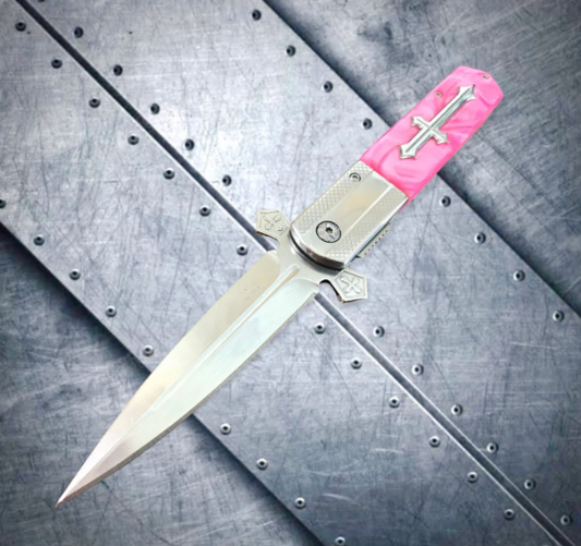 Falcon Knife Pink Cross 9” Stiletto Pocket Knife. Spring Assisted Open Folding Knife
