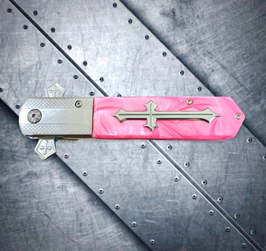 Falcon Knife Pink Cross 9” Stiletto Pocket Knife. Spring Assisted Open Folding Knife