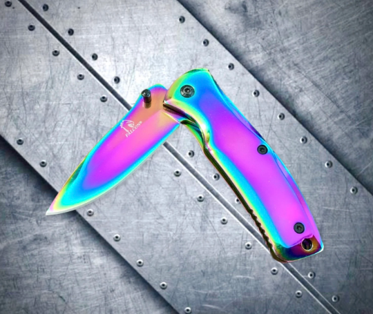 Falcon Knife Rainbow Titanium Small 6” Pocket Knife. Spring Assisted Open Folding Knife
