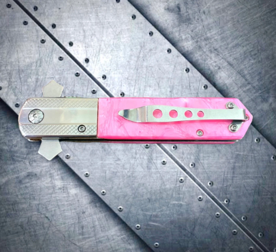 Falcon Knife Pink Cross 9” Stiletto Pocket Knife. Spring Assisted Open Folding Knife
