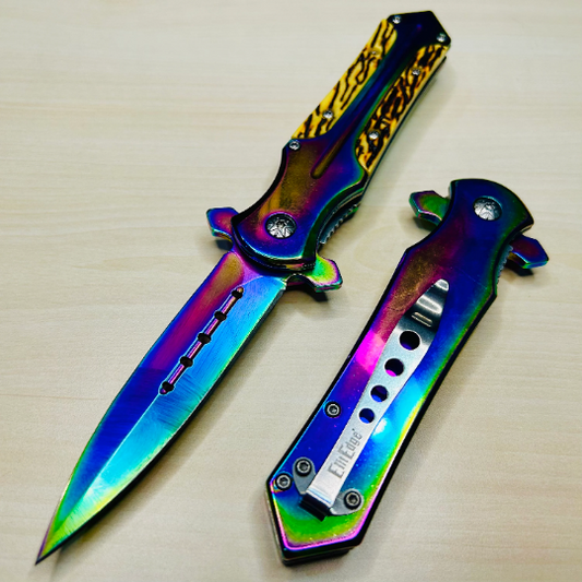 ElitEdge 8.25” Rainbow Cute Tactical Spring Assisted Open Blade Folding Pocket knife with Bone Handle