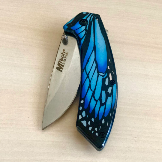 MTech 7.5” Cute Blue Knife Tactical Spring Assisted Open Blade Folding Pocket Knife with Feather Printing Handle