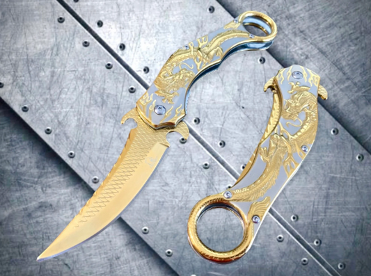 Falcon Knife Gold Dragon Sculpture 9” Karambit Tactical Spring Assisted Folding Pocket Knife