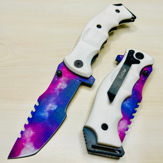 ElitEdge 9” CSGO Purple White Cute Tactical Spring Assisted Open Blade Folding Pocket knife with 3D Print Purple Universal Blade
