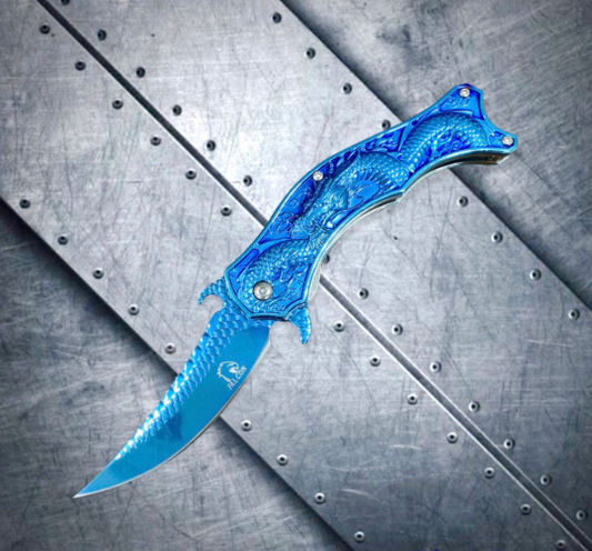 Falcon Knife 8” Collectible Knife Blue 3D Dragon Ball Carve. Karambit Knife