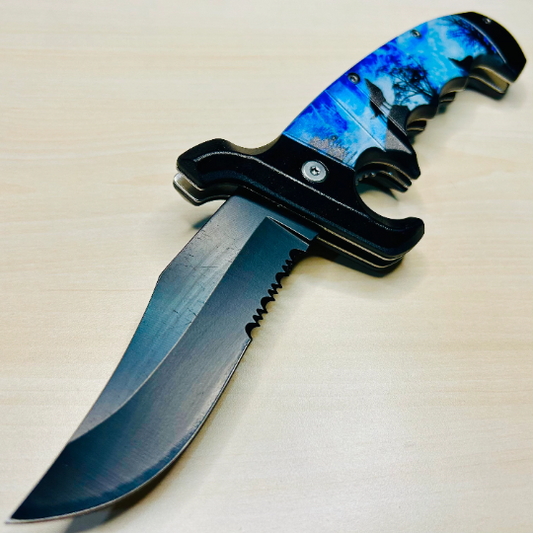 ElitEdge 9” Blue Moon Wolf Cute Tactical Spring Assisted Open Blade Folding Pocket knife with 3D Print Wolf Handle