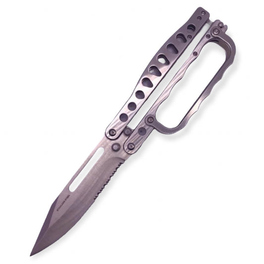 11" King of Butterfly Knife with Knuckle Folding Trench Knife Silver Color