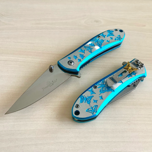 Blue Cute Knife 6.75” Tactical Spring Assisted Folding Pocket Knife