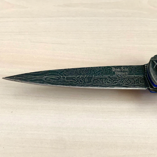 BladeDealUSA DarkSide Blades 8.75” Dragon Engraved Blue Stiletto Knife Tactical Spring Assisted Open Blade Folding Pocket knife