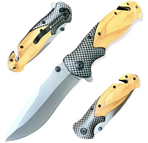 Super Knife Wooden Pocket Folding Knife, Carbon Fiber, 8 in Overall, 3.5 in Stainless Steel Blade, Pocket Clip, Frame Lock, Outdoor Accessories