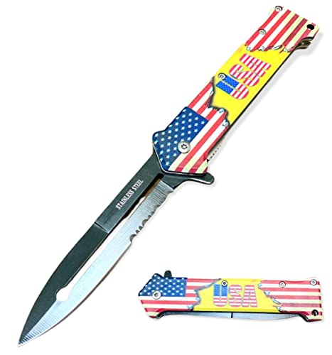 8" USA Flag Joker Pocket Knife, Spring Assisted Open, Camping, Hunting Tools