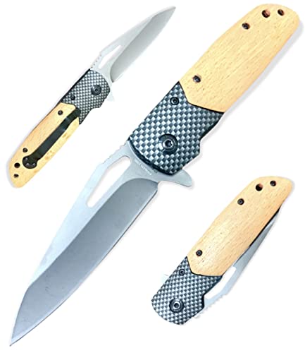 Super Knife Wooden Pocket Folding Knife, Carbon Fiber, 8 in Overall, 3.5 in Stainless Steel Blade, Pocket Clip, Frame Lock