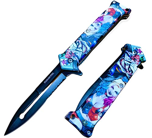 Super Knife 8 inch Joker Harley Quinn Tactical Spring Assisted Folding Pocket Knife EDC Open Blade w/Pocket Clip. 3D Print Handle