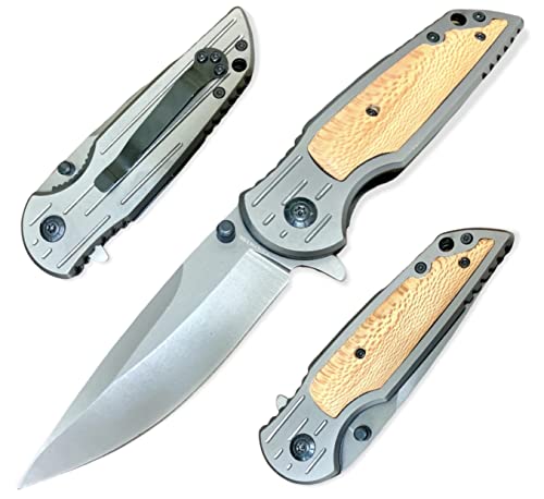 Super Knife Wooden Pocket Folding Knife, 7.8 in Overall, 3.3 in Stainless Steel Blade, Pocket Clip, Frame Lock, Hunting, Camping Tools