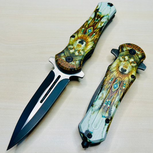 ElitEdge 8.25” 3D Print Wolf Cute Tactical Spring Assisted Open Blade Folding Pocket knife