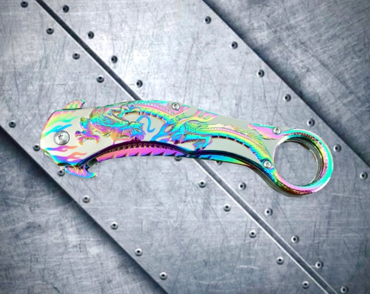 Falcon Knife Rainbow Dragon Sculpture 9” Karambit Tactical Spring Assisted Folding Pocket Knife