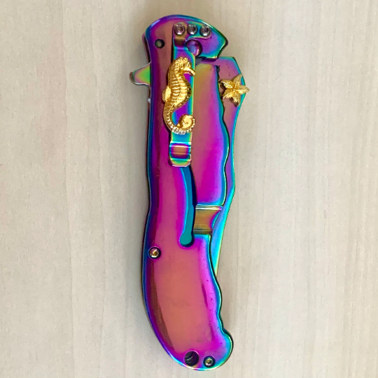 ElitEdge 8.75” Cute Rainbow Mermaid Knife Assisted Folding Pocket Knife with Gold Starfish and Sea Horse