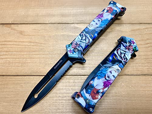 Super Knife 8 inch Joker Harley Quinn Tactical Spring Assisted Folding Pocket Knife EDC Open Blade w/Pocket Clip. 3D Print Handle