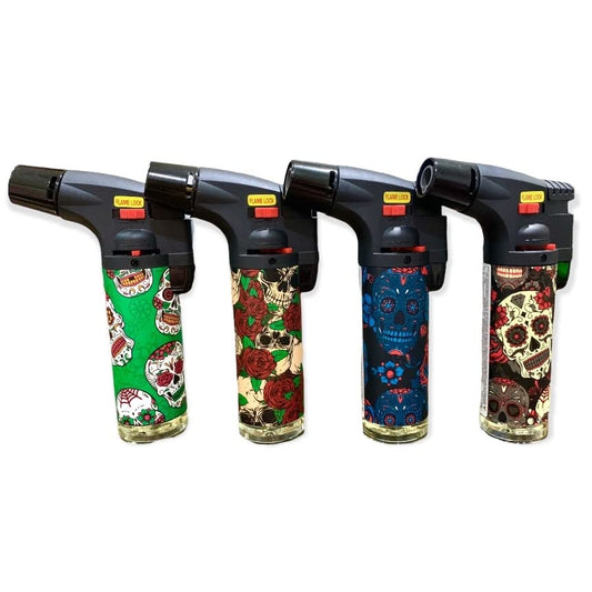 Pack of 4 Assorted Colors Sugar Skull Torch Lighters Butane, Kitchen Lighter, Candle Lighter, Camping Lighter, BBQ Lighter, Windproof Lighters, Refillable Lighters, Multipurpose Lighters