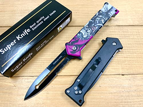 Super Knife 8'' Joker Pocket Knife Spring Assisted Folding Pocket Knife, EDC Tools, Pocket Clip, Camping Accessories, Multicolor