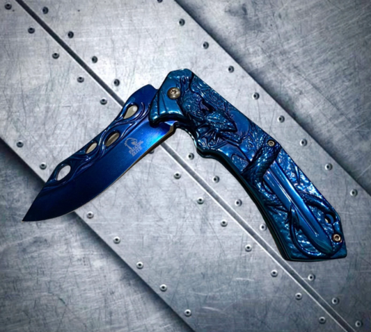 Blue 8” 3D Dragon Tactical Spring Assisted Open Blade Folding Pocket Knife