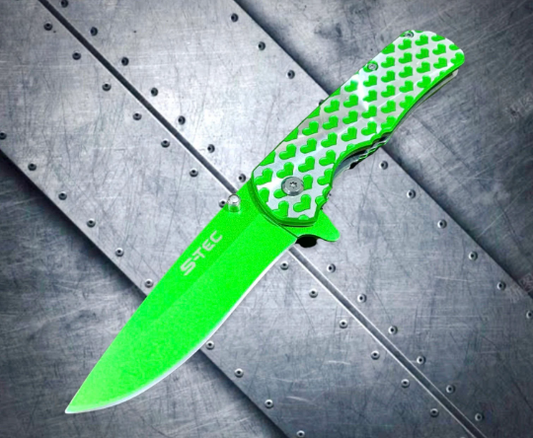 S-TEC Green 8” 3D Valentine’s Heart Engraving Spring Assisted Open Blade EDC Folding Pocket Knife