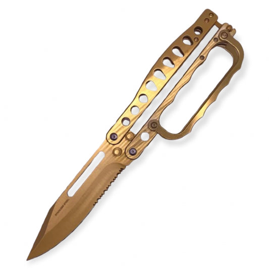 11" King of Butterfly Knife with Knuckle Folding Trench Knife Gold Color