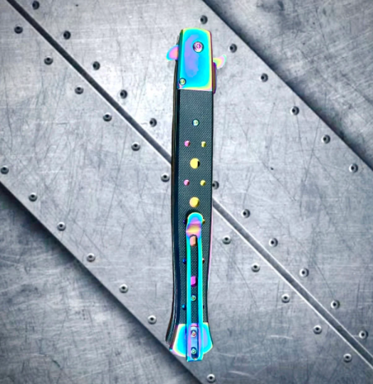 Falcon Knife Extra Large Rainbow Italian Milano Spring Assisted Folding Stiletto Pocket Knife