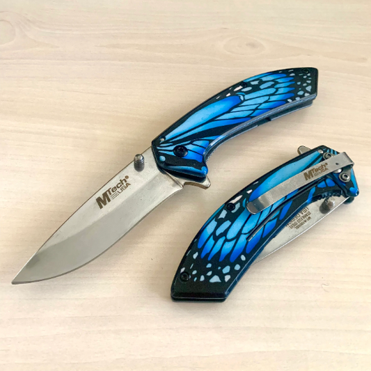 MTech 7.5” Cute Blue Knife Tactical Spring Assisted Open Blade Folding Pocket Knife with Feather Printing Handle