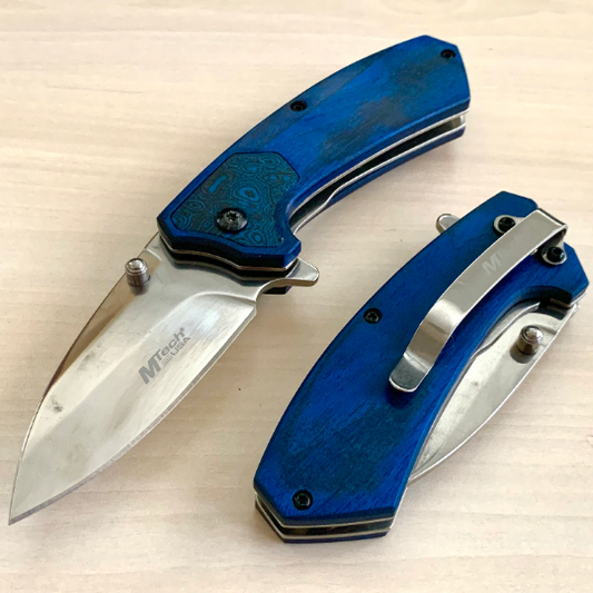 MTech 6.75” Blue Wood Tactical Spring Assisted Open Blade Folding Pocket knife