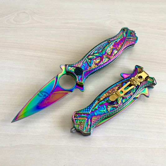 Master Collection 8.5” Rainbow Ninja Cute Knife Spring Assisted Open Blade Folding Pocket Knife