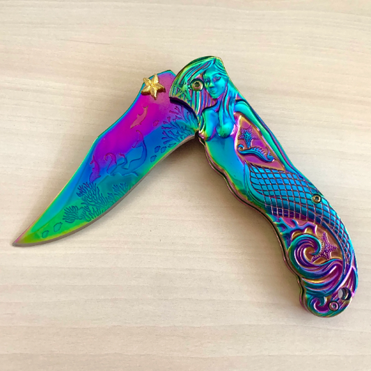 MTech 8.75” Cute Rainbow Mermaid Knife Assisted Folding Pocket Knife with Gold Starfish and Sea Horse