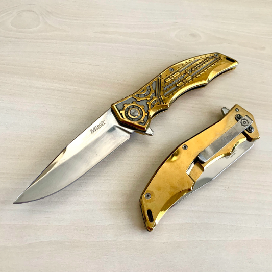 MTech 9” Gold Steampunk Cool Knife Assisted Folding Pocket Knife with Gear Design Handle