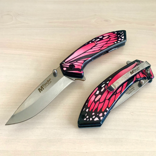 MTech 7.5” Cute Pink Knife Tactical Spring Assisted Open Blade Folding Pocket Knife with Feather Printing Handle