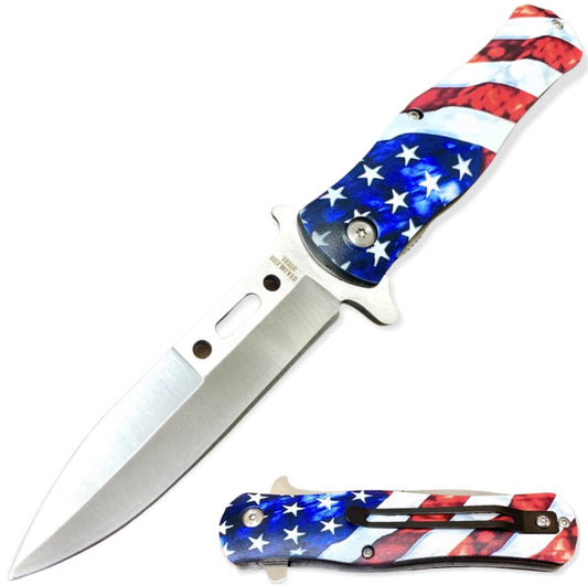 3D Print Super Knife USA Flag EDC Cool Sharp Blade Assisted Open Folding Stiletto Pocket Knife
