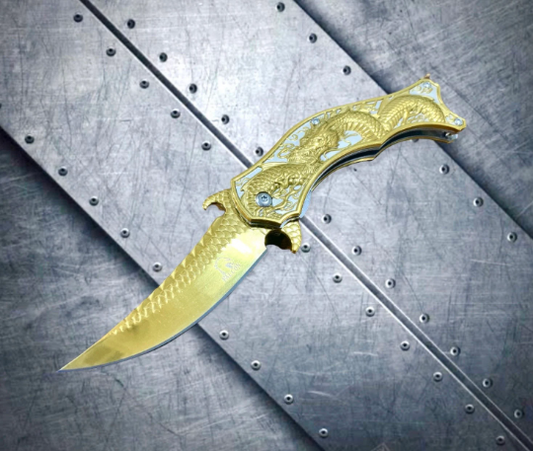 Falcon Knife 8” Collectible Knife Gold 3D Dragon Ball Carve. Karambit Knife