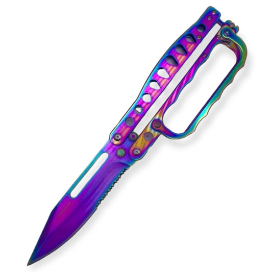 11" King of Butterfly Knife with Knuckle Folding Trench Knife Rainbow Color