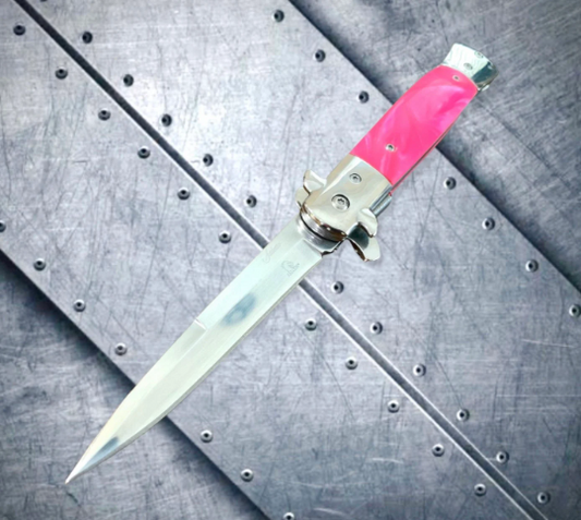 Falcon Knife Pink Italian Milano Stiletto Spring Assisted Open Blade EDC Folding Pocket Knife