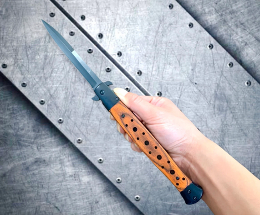 Falcon Knife Extra Large Wood Italian Milano Spring Assisted Folding Stiletto Pocket Knife