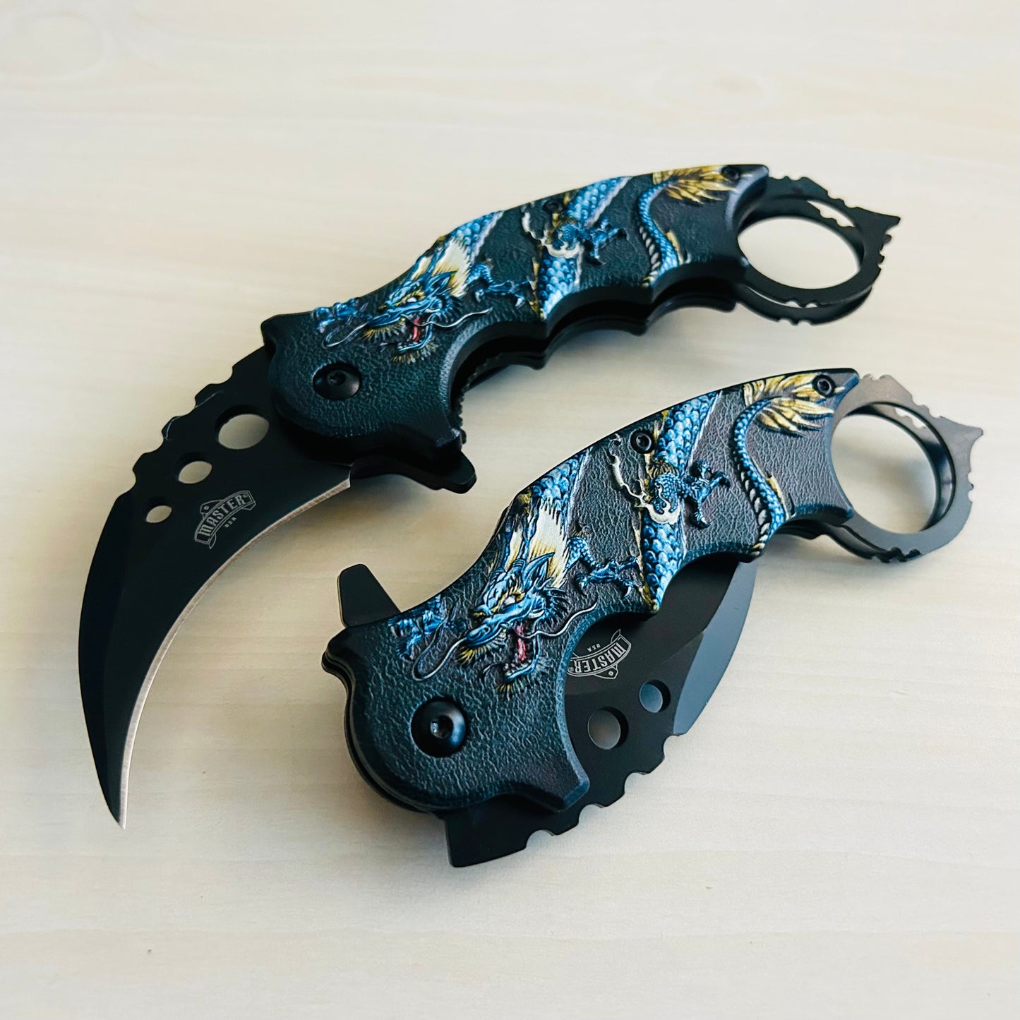 ElitEdge 7” Blue Dragon Karambit Knife Spring Assisted Open Blade Folding Pocket Knife. Hunting, Camping, Cute Knife. Cool Knife