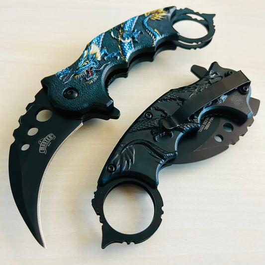 ElitEdge 7” Blue Dragon Karambit Knife Spring Assisted Open Blade Folding Pocket Knife. Hunting, Camping, Cute Knife. Cool Knife