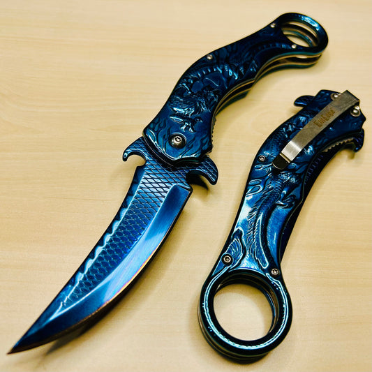 ElitEdge 9” Blue Dragon Cute Karambit Spring Assisted Open Folding Pocket Knife. Tactical Hunting Camping Cool Knife