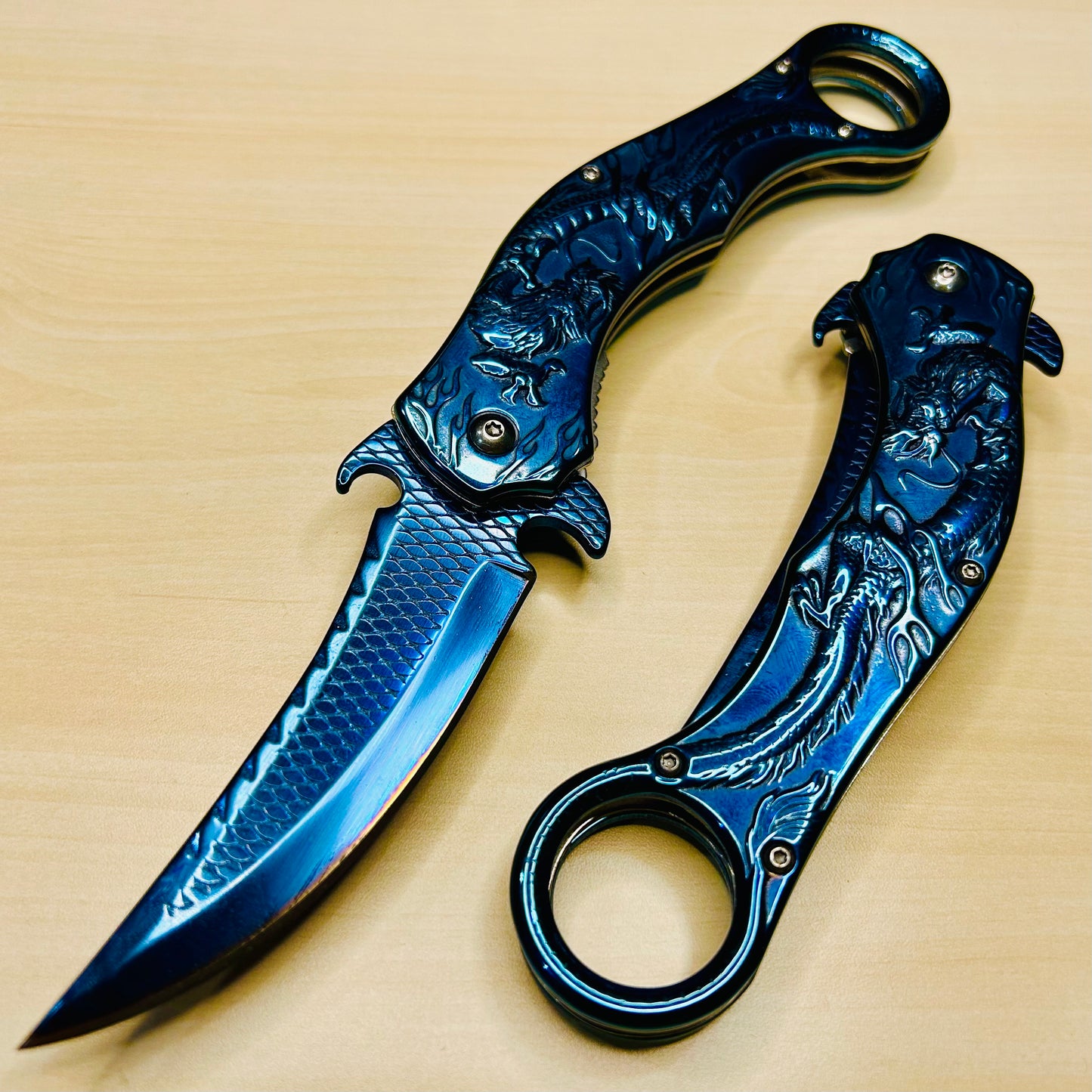 ElitEdge 9” Blue Dragon Cute Karambit Spring Assisted Open Folding Pocket Knife. Tactical Hunting Camping Cool Knife