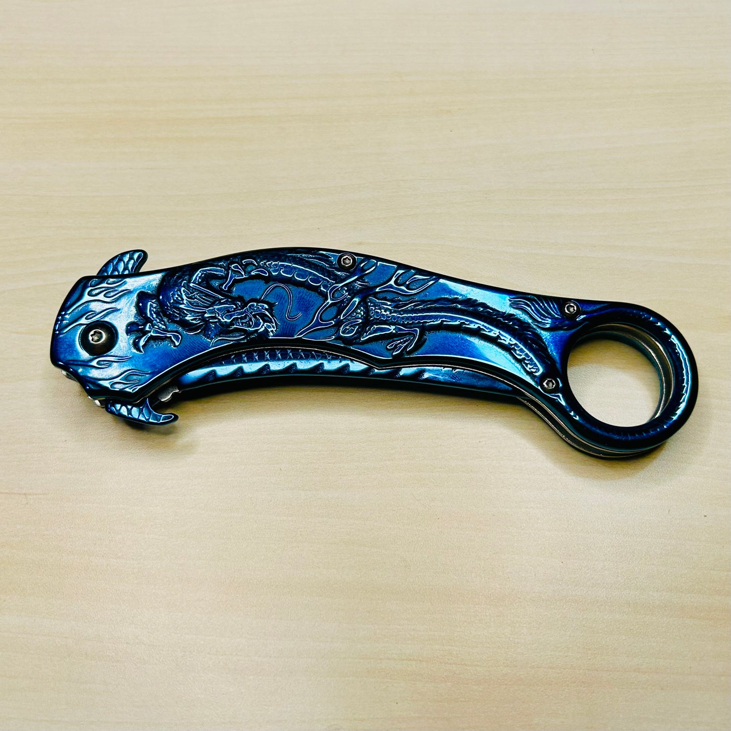 ElitEdge 9” Blue Dragon Cute Karambit Spring Assisted Open Folding Pocket Knife. Tactical Hunting Camping Cool Knife