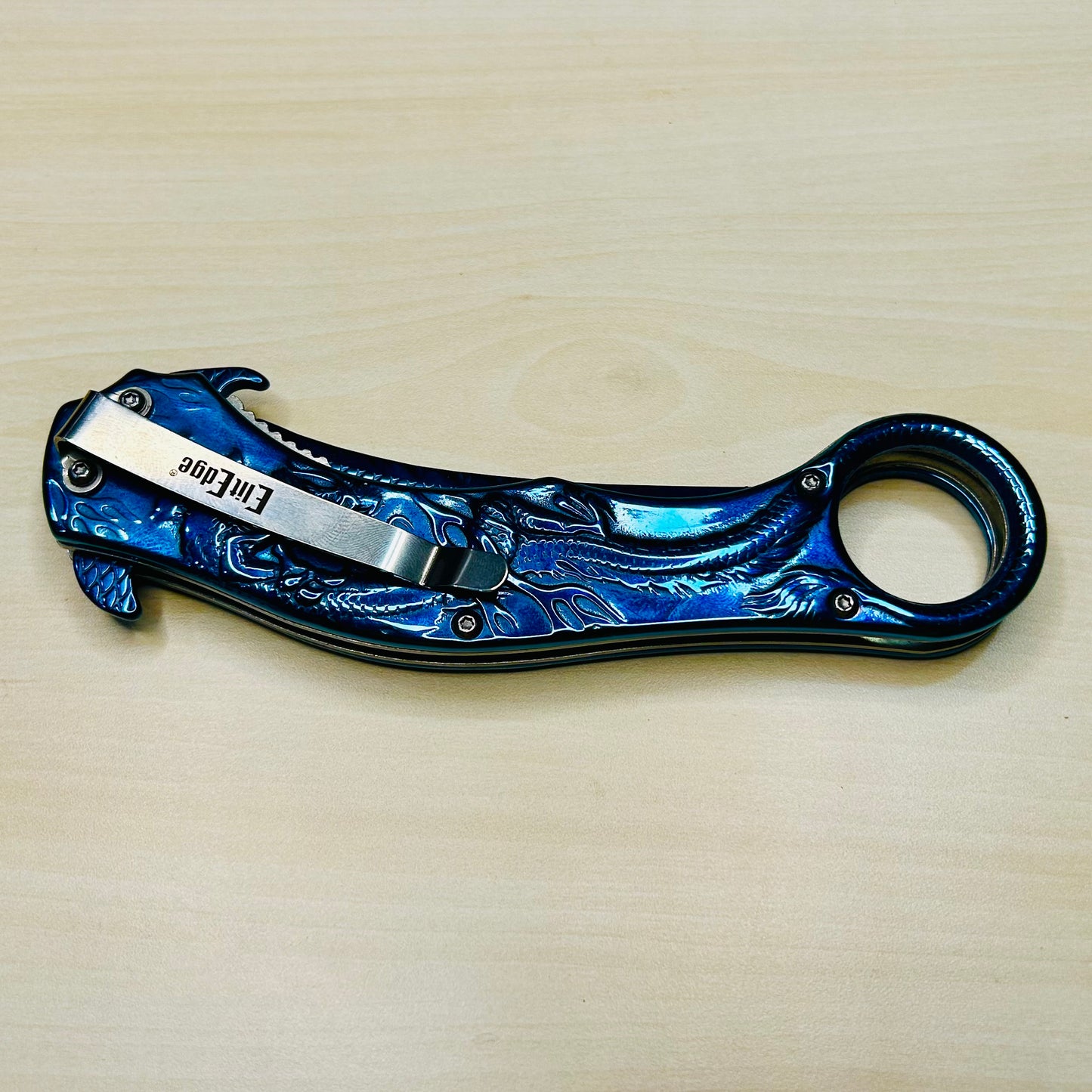 ElitEdge 9” Blue Dragon Cute Karambit Spring Assisted Open Folding Pocket Knife. Tactical Hunting Camping Cool Knife