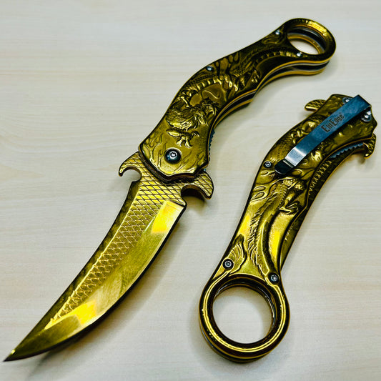 ElitEdge Gold Dragon Sculpture 9” Karambit Tactical Spring Assisted Folding Pocket Knife. Hunting, Camping, Cute Knife. Cool Knife