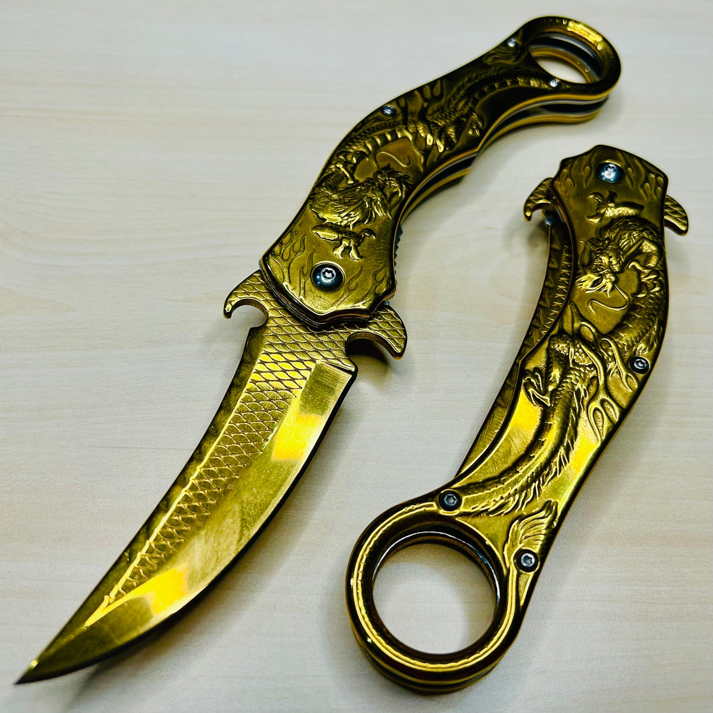 ElitEdge Gold Dragon Sculpture 9” Karambit Tactical Spring Assisted Folding Pocket Knife. Hunting, Camping, Cute Knife. Cool Knife