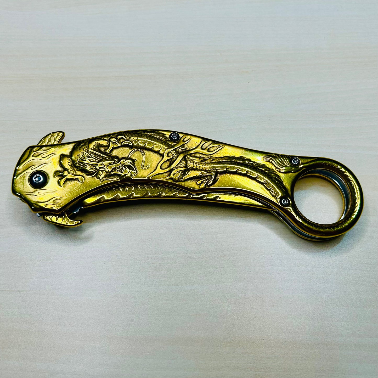 ElitEdge Gold Dragon Sculpture 9” Karambit Tactical Spring Assisted Folding Pocket Knife. Hunting, Camping, Cute Knife. Cool Knife