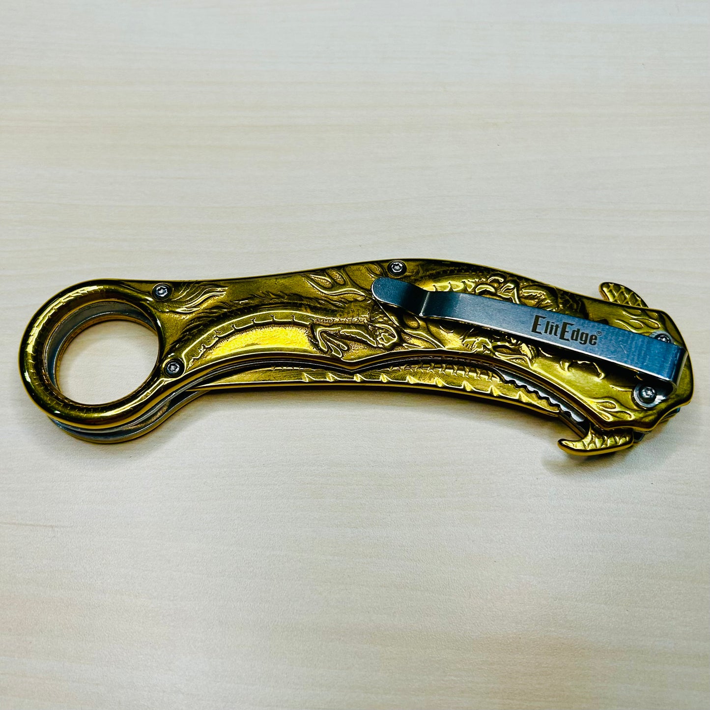 ElitEdge Gold Dragon Sculpture 9” Karambit Tactical Spring Assisted Folding Pocket Knife. Hunting, Camping, Cute Knife. Cool Knife