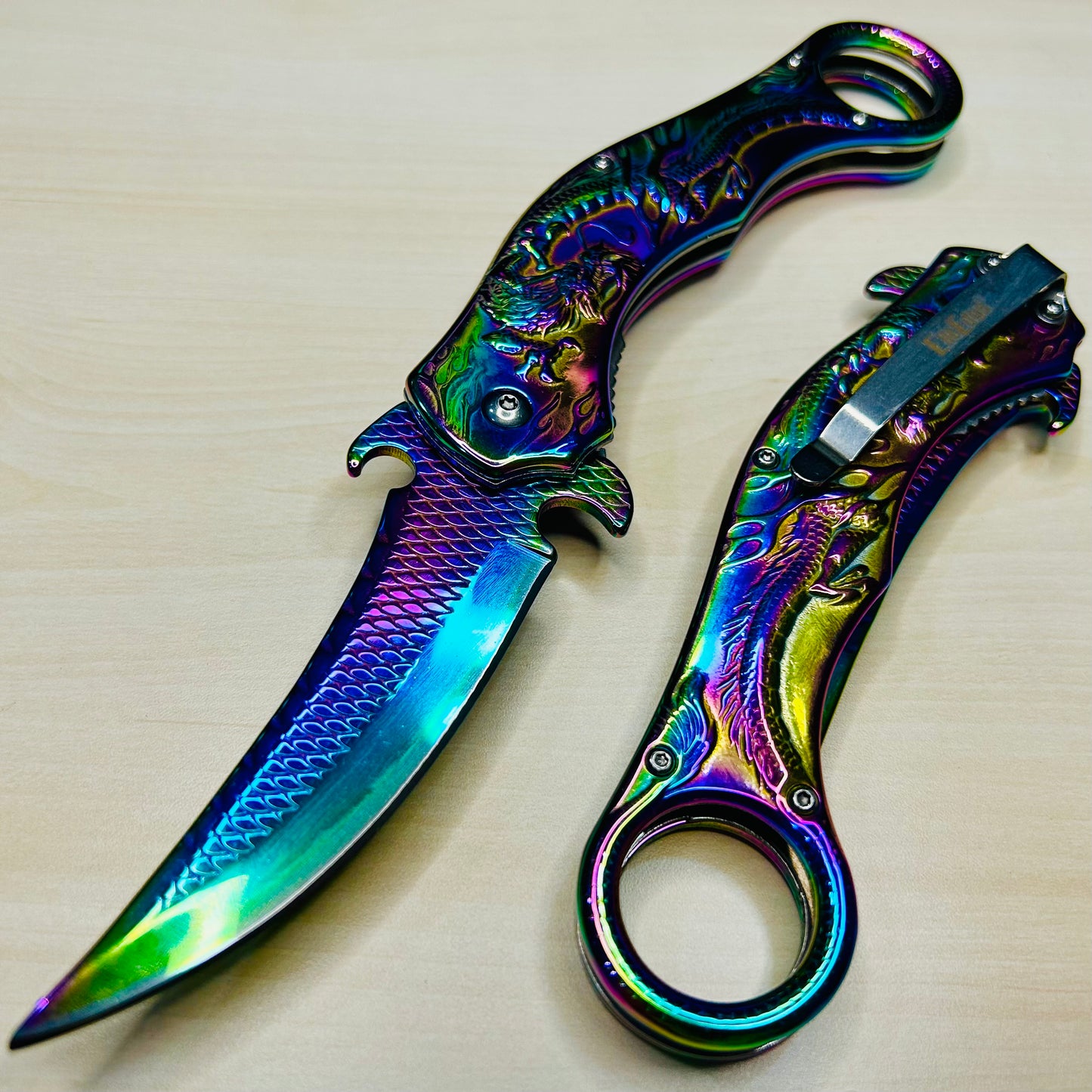 ElitEdge 9” Rainbow Dragon Cute Karambit Spring Assisted Open Folding Pocket Knife. Tactical Hunting Camping Cool Knife
